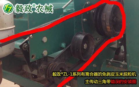毅政牌ZL1系列有離合器的免剝皮玉米脫粒機(jī)，主傳動(dòng)三角帶錯(cuò)誤安裝